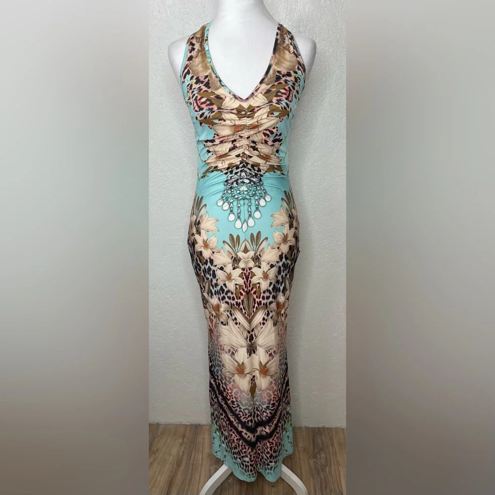 Venus Tropical Floral Leopard Print V-Neck Bodycon Halter Maxi Dress Sm Resort - Picture 4 of 13